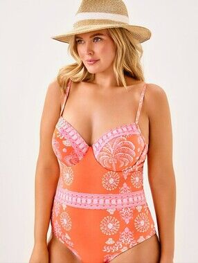 Lilly Pulitzer Orange Palma One Piece Swimsuit Papaya Breezy Palm Size 12 NWOT